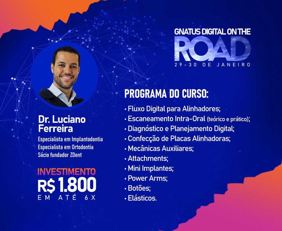 Imersão em Alinhadores Invisíveis com Dr. Luciano Ferreira curso conta com teoria e prática O curso conta com teoria e prática do fluxo digital para alinhadores, com produtos como o scanner intra-oral e a impressora 3D, trazendo insights desde casos mais simples e rápidos até a casos mais complexos e elaborados.