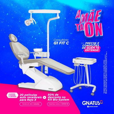 Consultórios no Mês das Mães Quando uma mãe fala acontece, não é mesmo? E aqui na Gnatus a Mãe tá on e te fala que você não pode perder essa oportunidade. Porque nós sabemos o quanto é importante ter o consultório dos sonhos com um preço acessível e com brindes. Coisa que só a Gnatus pode te proporcionar. Na compra de um consultório você ganha 20 películas auto reveláveis e 50% de desconto no Kit Bio-System. Afinal como uma boa mãe estamos preocupados, sempre com a sua biossegurança. Agora é só escolher o modelo de consultório que mais se encaixa no seu estilo! O consultório G1 FIT C tem antes de tudo a simplicidade e inteligência que o cirurgião-dentista precisa.  O consultório G1 F é resistente e seguro, também conta com sistema de elevação eletromecânico Gnatus G1 SF, mais prático e econômico. Este consultório atende todas suas necessidades. Adaptável às diversidades, o consultório Gnatus G2 tem a versatilidade que você precisa   O consultório Gnatus G3 F foi projetado para transformar a sua rotina de trabalho, valorizando os conceitos de tecnologia, biossegurança e versatilidade. Que tal receber um contato de um consultor de fábrica, com todas as informações de condições de pagamento? Preencha seus dados agora e em até 24h receba uma mensagem.    