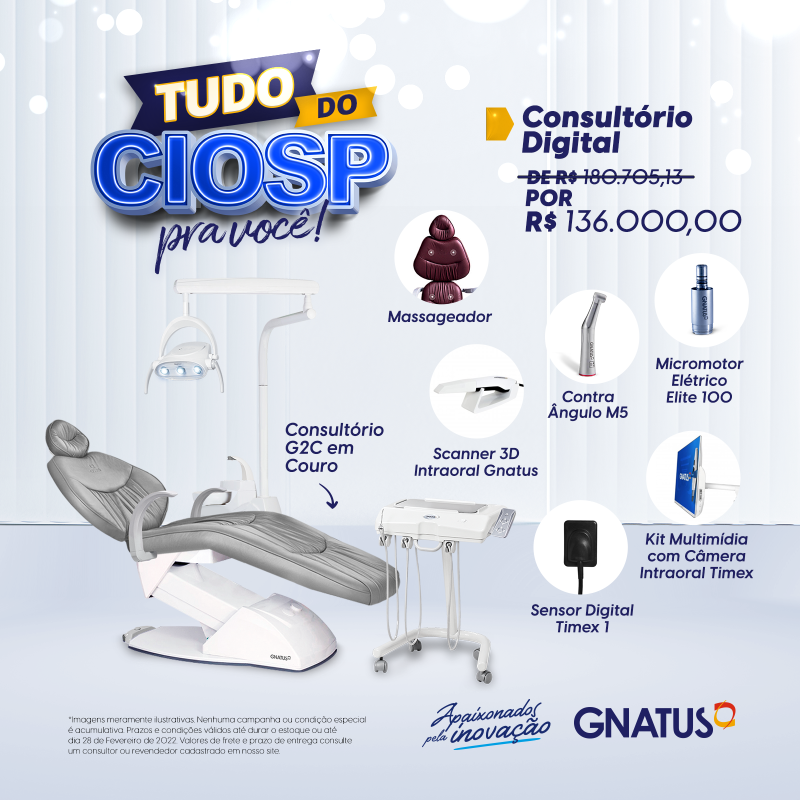 Consultório Digital Gnatus Consultório Digital Gnatus Somos apaixonados pela inovação e tecnologia e sabemos que você também. Afinal ela traz rapidez e praticidade no nosso dia a dia, com muita elegância.
É por isso, que criamos um combo feito para você deixar a sua clínica o High tech com condições que só a Gnatus pode te oferecer. Leia até o final para descobrir o quanto esse combo foi feito para você. O queridinho dos dentistas, consultório da linha G2, modelo C – com cart – que garante mobilidade e estilo. Em seu estofamento em couro o massageador para conquistar e relaxar qualquer paciente. Em combinação especial com o kit multimídia, composto pelo computador All in One (monitor, teclado e mouse), Câmera Intra Oral S-ioC e Kit Suporte Monitor. Ideal para que você possa demonstrar em tempo real o que está acontecendo na boca do paciente. Que também pode ser utilizado junto com o próximo item desse combo, que é o Scanner Intraoral Panda. Rápido, preciso e portátil, com um controlador de luminosidade, perfeito para você já garantir o molde da arcada do paciente, sem precisar de moldeiras e inúmeras tentativas. Ainda seguindo essa linha do prático, você tem nesse consultório digital o nosso sensor de raio x digital timex, que te garante diagnósticos sem risco e uma qualidade de imagem insuperável em menos de 5 segundos. E se você já está achando perfeito, a gente achou que tinha que ter mais... colocamos também nesse combo um micromotor elétrico, o menor e mais silencioso do mercado e um multiplicador M5 1:5. Para deixar você pronto para todos os procedimentos. E o preço? Só posso dizer que é imperdível.
Deixe seu contato que nosso consultor te dará mais detalhes:
<p>