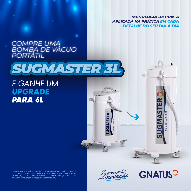 Compre um Sugmaster de 3L e ganhe um upgrade um de 6L alta rotação odontológico Desenvolvido para aspirar fluídos nos procedimentos cirúrgicos, o sugmaster da Gnatus, tem alto poder de sucção, proporcionando ótima visibilidade, segurança, conforto e praticidade ao procedimento. Totalmente portátil, não consome água nem necessita de adaptações hidráulicas ou elétricas, podendo ser usado como opção às bombas de vácuo comuns ou como reserva de segurança em caso de quebra ou manutenção da bomba de vácuo instalada. Acionado por pedal, evita contaminação cruzada. Trata os efluentes aspirados antes de descartá-los, evitando contaminar os corpos d’água com patógenos e contribuindo com o meio ambiente. Nessa oportunidade, ao você comprar um sugmaster de 3 litros você ganha um upgrade e leva para casa um sugmaster de 6 litros. Ficou interessado? Garanta já o seu     Você também pode se interessar: Oferta LIMITADA para você garantir o seu Fotopolimerizador Diagnóstico de Raio X sem Riscos
