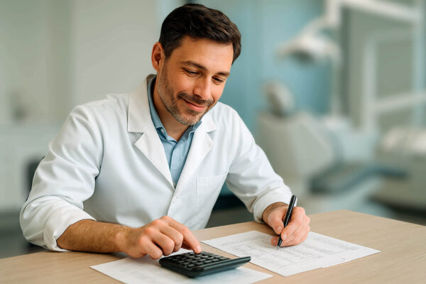 Dentista analisando planilhas e usando calculadora para precificar os serviços odontológicos