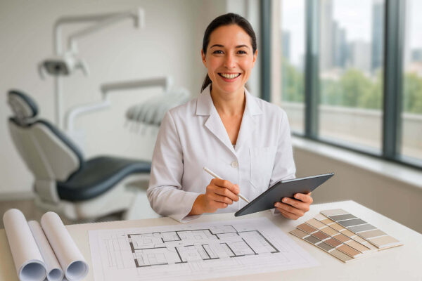 Dentista planejando a estrutura e design para montar consultório odontológico, com planta baixa, paleta de cores e equipamentos modernos ao fundo.
