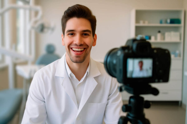 Dentista gravando vídeo para redes sociais como parte de estratégias de marketing para dentistas, visando atrair e engajar novos pacientes.