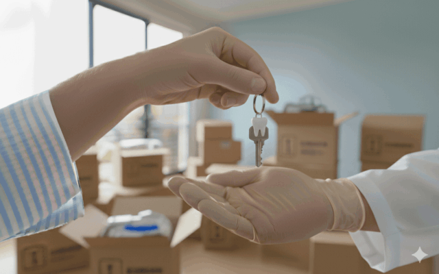Pessoa entregando a chave de um espaço que será transformado em clínica com equipamentos odontológicos recém-adquiridos, prontos para montagem e instalação.