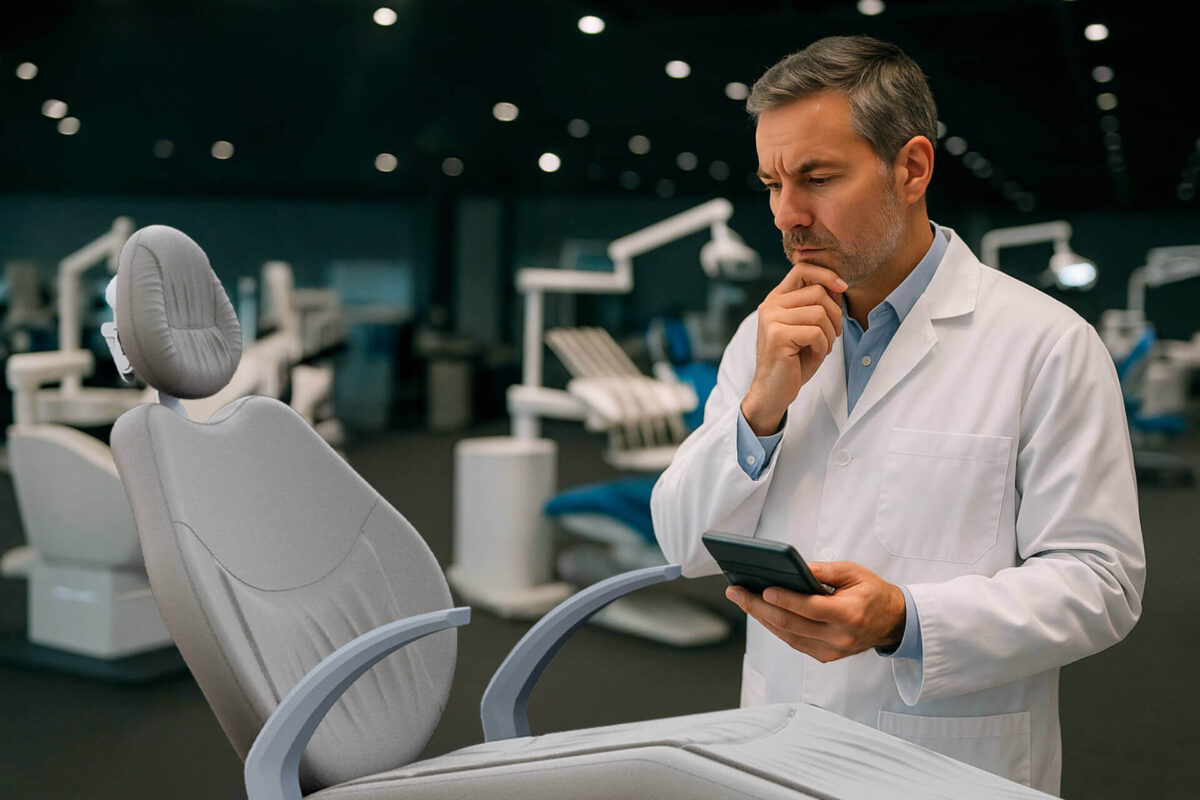 Quanto custa uma cadeira odontológica? Guia completo para escolher com segurança gerente de consultório odontológico Dentista de jaleco branco em clínica odontológica observando atentamente uma cadeira cinza enquanto segura uma calculadora, refletindo sobre quanto custa uma cadeira odontológica e os fatores que influenciam na escolha