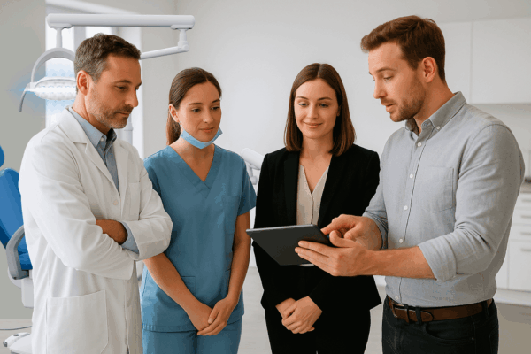 Gerente de consultório odontológico reunido com equipe de dentistas e profissionais da saúde em ambiente clínico moderno