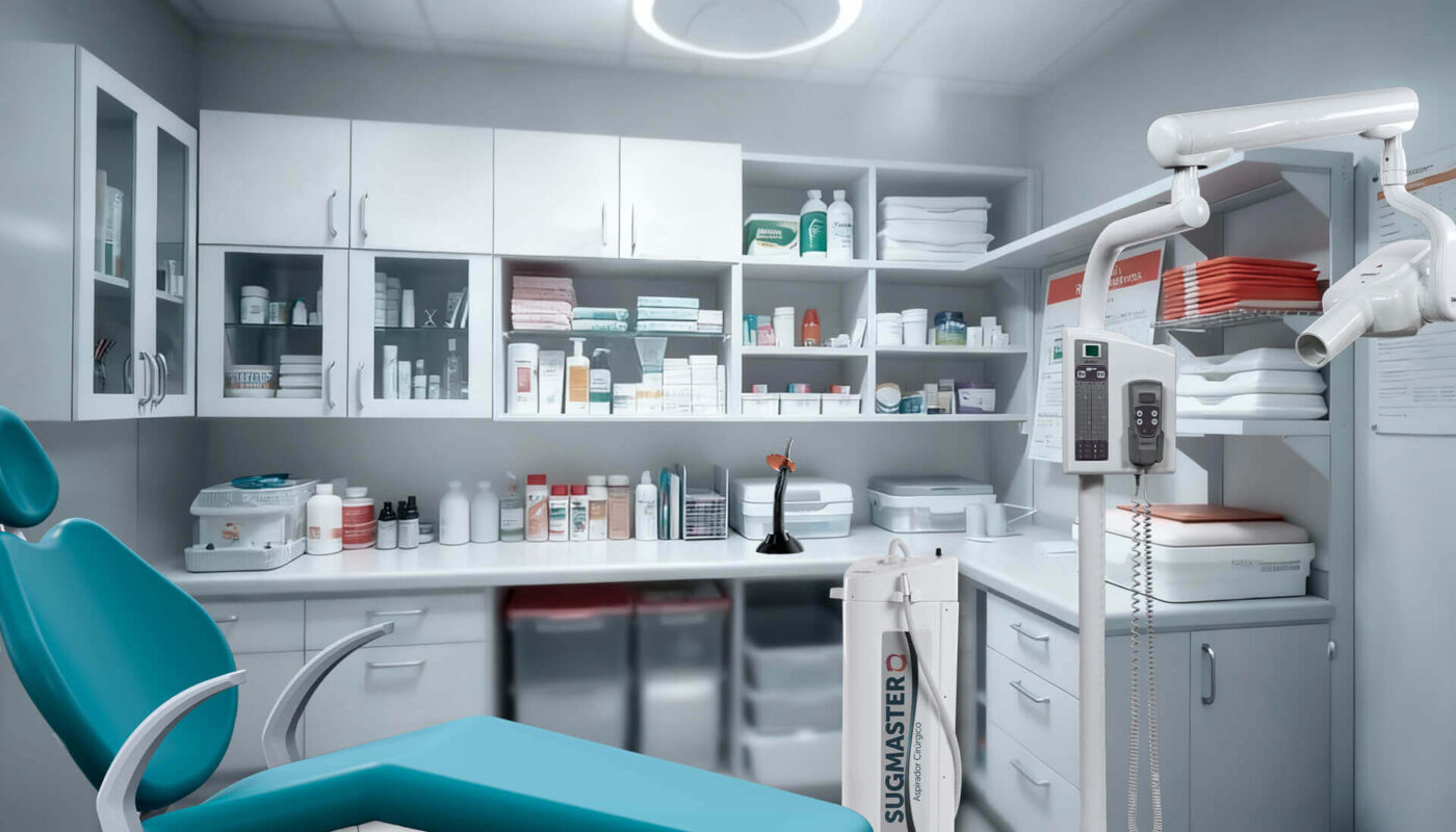 Ambiente interno de clínicas odontológicas com cadeira de atendimento, armários organizados e equipamentos modernos para gestão de estoque.