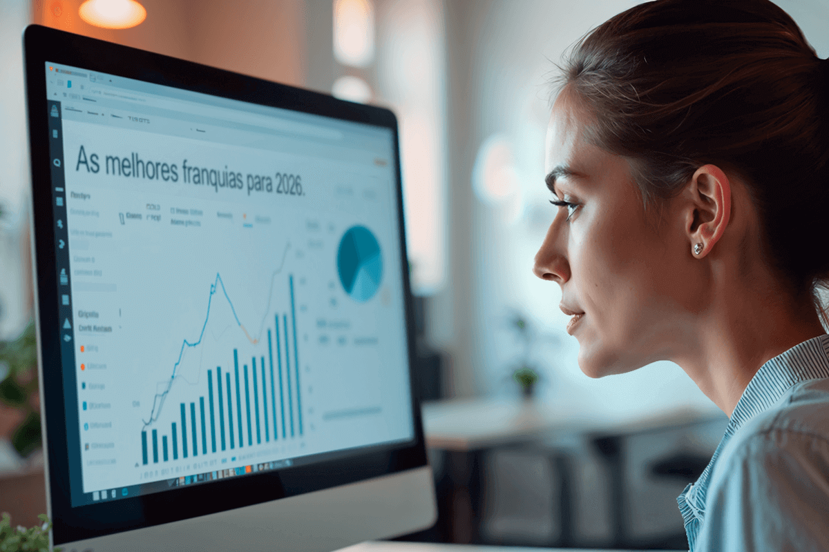 As 5 melhores franquias de saúde para investir em 2026 (+ comparativo exclusivo com Gnatus) Franquias Mulher analisando gráficos em um computador com título na tela sobre as melhores franquias para 2026, representando estudo de mercado e oportunidades de investimento em franquias de saúde