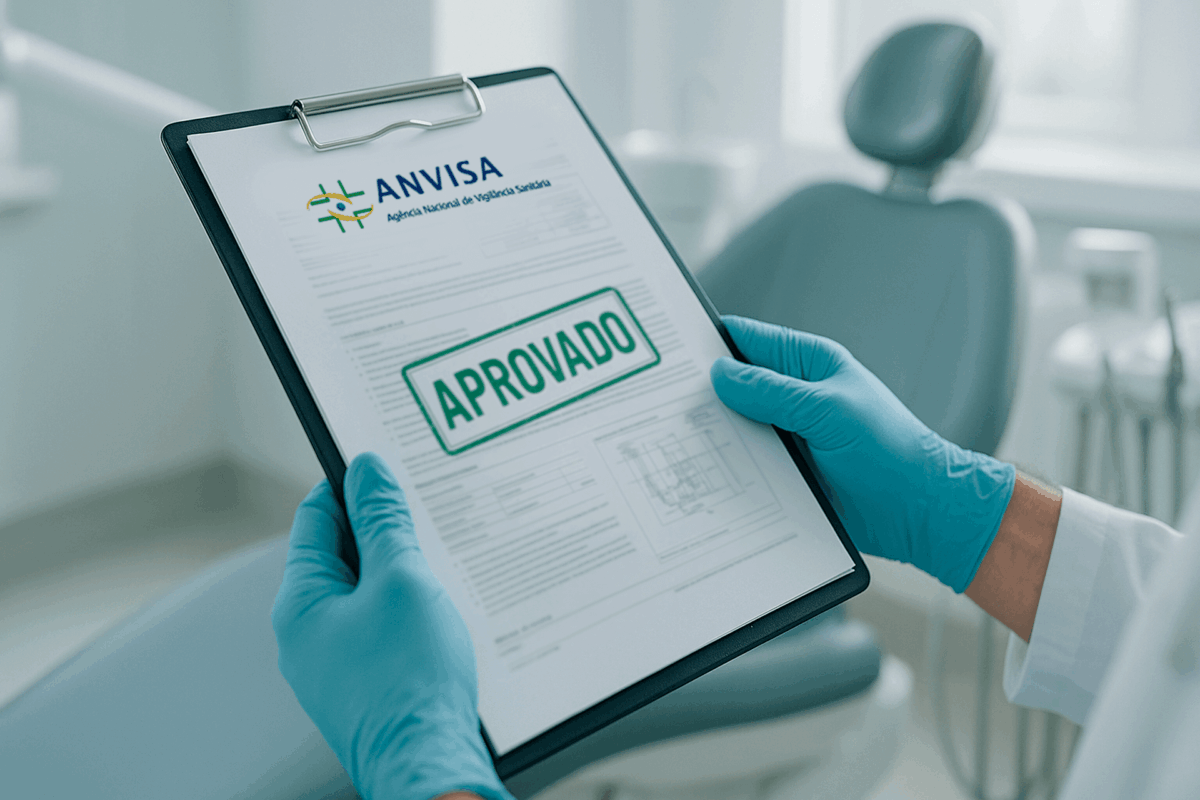 Normas da Anvisa e regulamentações sobre equipamentos odontológicos gerente de consultório odontológico Profissional da saúde segurando documento aprovado pela Anvisa, representando a regulamentação de equipamentos odontológicos em consultório.