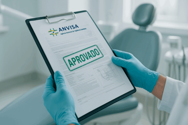Profissional da saúde segurando documento aprovado pela Anvisa, representando a regulamentação de equipamentos odontológicos em consultório.