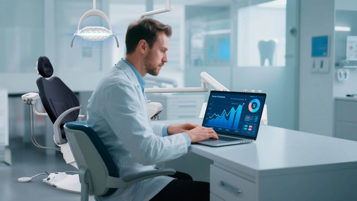 8 passos para garantir um controle financeiro eficiente na clínica odontológica Franquias Dentista concentrado analisando gráficos financeiros no notebook dentro de uma clínica odontológica, representando a importância do controle financeiro no consultório.