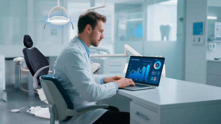 Dentista concentrado analisando gráficos financeiros no notebook dentro de uma clínica odontológica, representando a importância do controle financeiro no consultório.