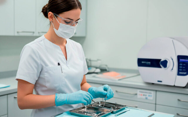 Profissional da saúde manipulando instrumentos esterilizados ao lado de uma autoclave, demonstrando o uso de equipamentos odontológicos essenciais para a biossegurança no consultório.