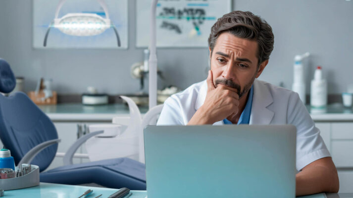 Dentista pensativo analisando informações no notebook dentro do consultório, refletindo sobre os desafios da gestão de clínicas odontológicas.