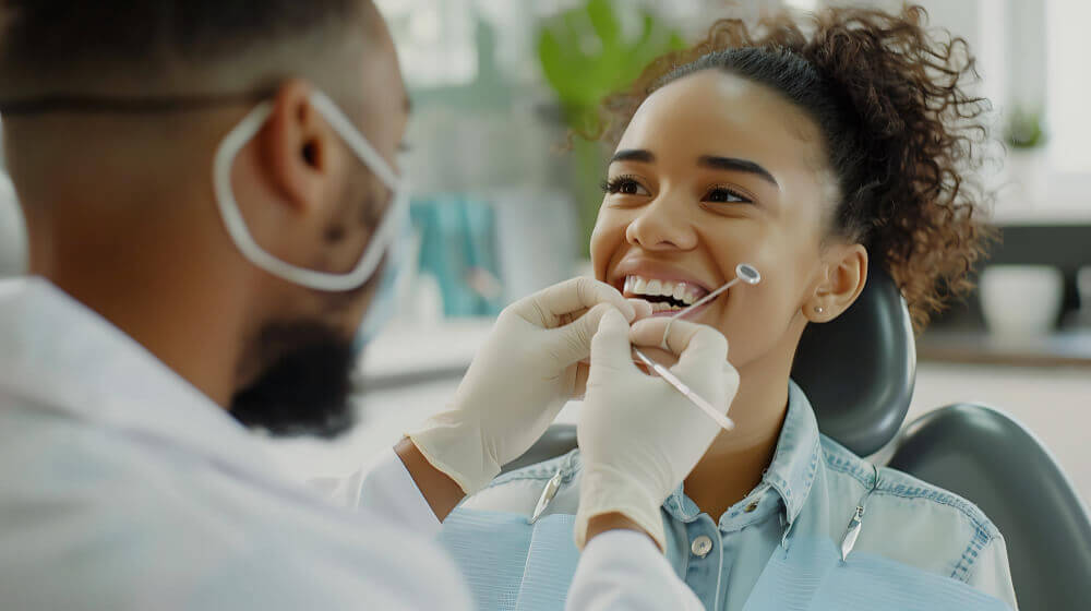 Primeira vez no CIOSP? Tudo que um estudante de odontologia precisa saber antes de ir estudante de odontologia Estudante de odontologia treinando atendimento clínico em consultório, realizando avaliação com espelho e sonda em paciente sorrindo