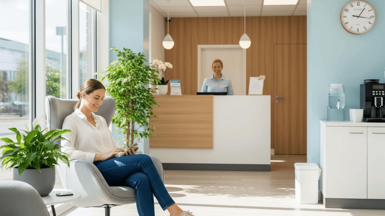 Paciente aguardando atendimento em sala de espera confortável e organizada, refletindo a experiência do paciente em ambientes de saúde.