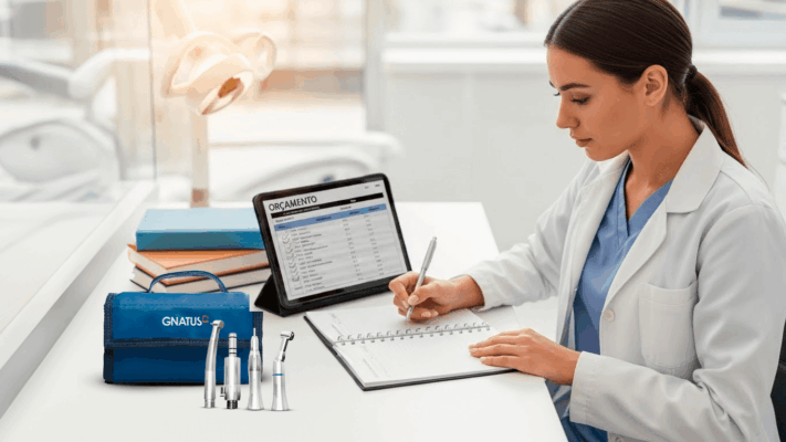 Estudante de odontologia organizando orçamento e planejando a compra de materiais acadêmicos de odontologia com kit odontológico sobre a mesa.