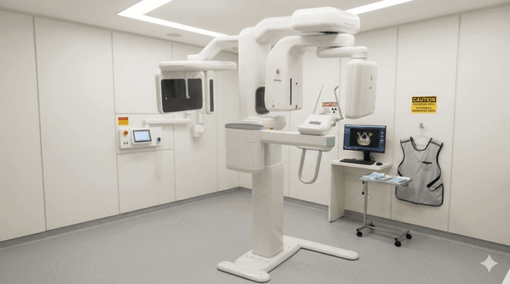 Clínica de radiografia odontológica equipada com aparelho panorâmico digital e sistema de diagnóstico por imagem computadorizado.