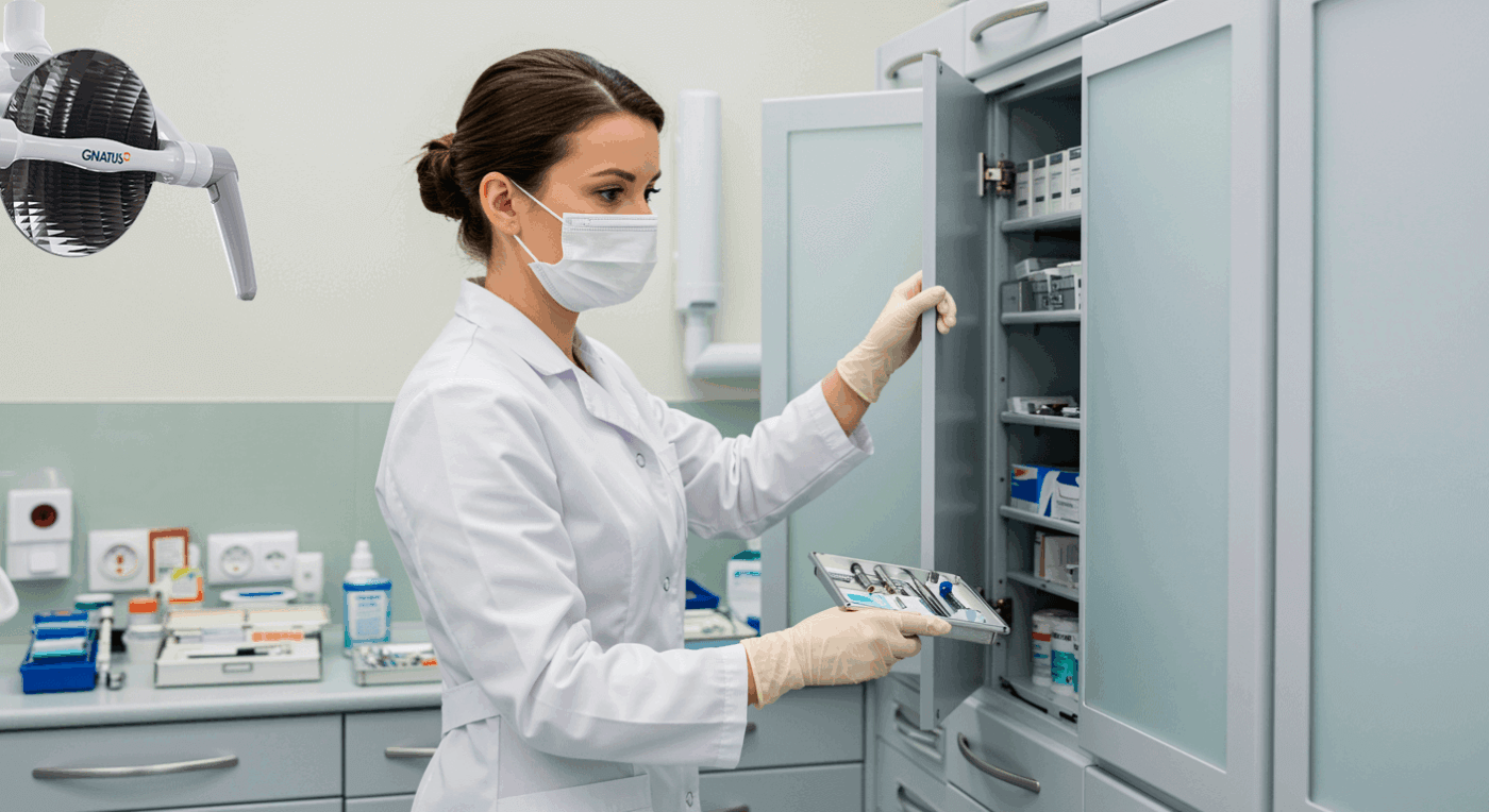 Profissional de saúde organizando materiais em armário esterilizado, demonstrando rotina de uma clínica organizada e eficiente.