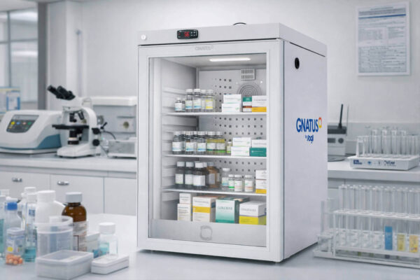 Conservadora inteligente em clínica odontológica armazenando medicamentos com controle digital de temperatura e porta de vidro transparente