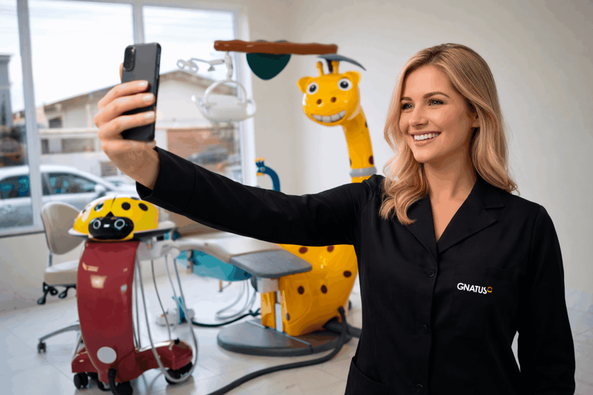 Profissional em clínica odontológica utilizando celular para criar conteúdo e atrair pacientes em ambiente moderno e humanizado