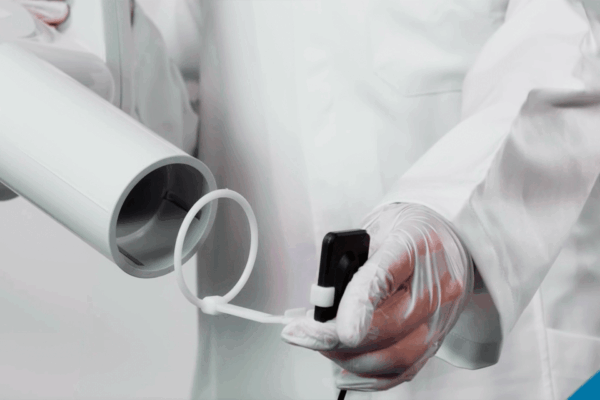 Profissional posicionando sensor para radiografias odontológicas em consultório.