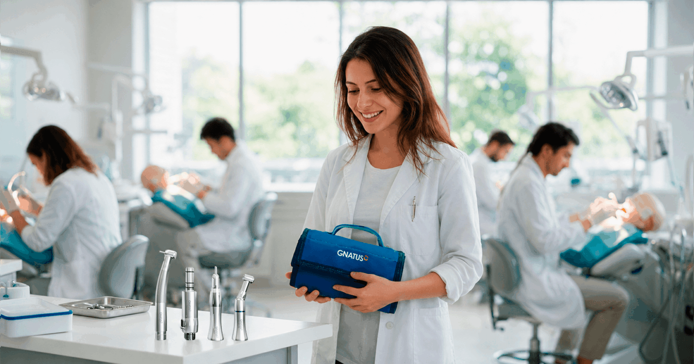 Estudante segura materiais do kit acadêmico em laboratório de odontologia, ilustrando o que vem no kit acadêmico odontológico para as aulas práticas.