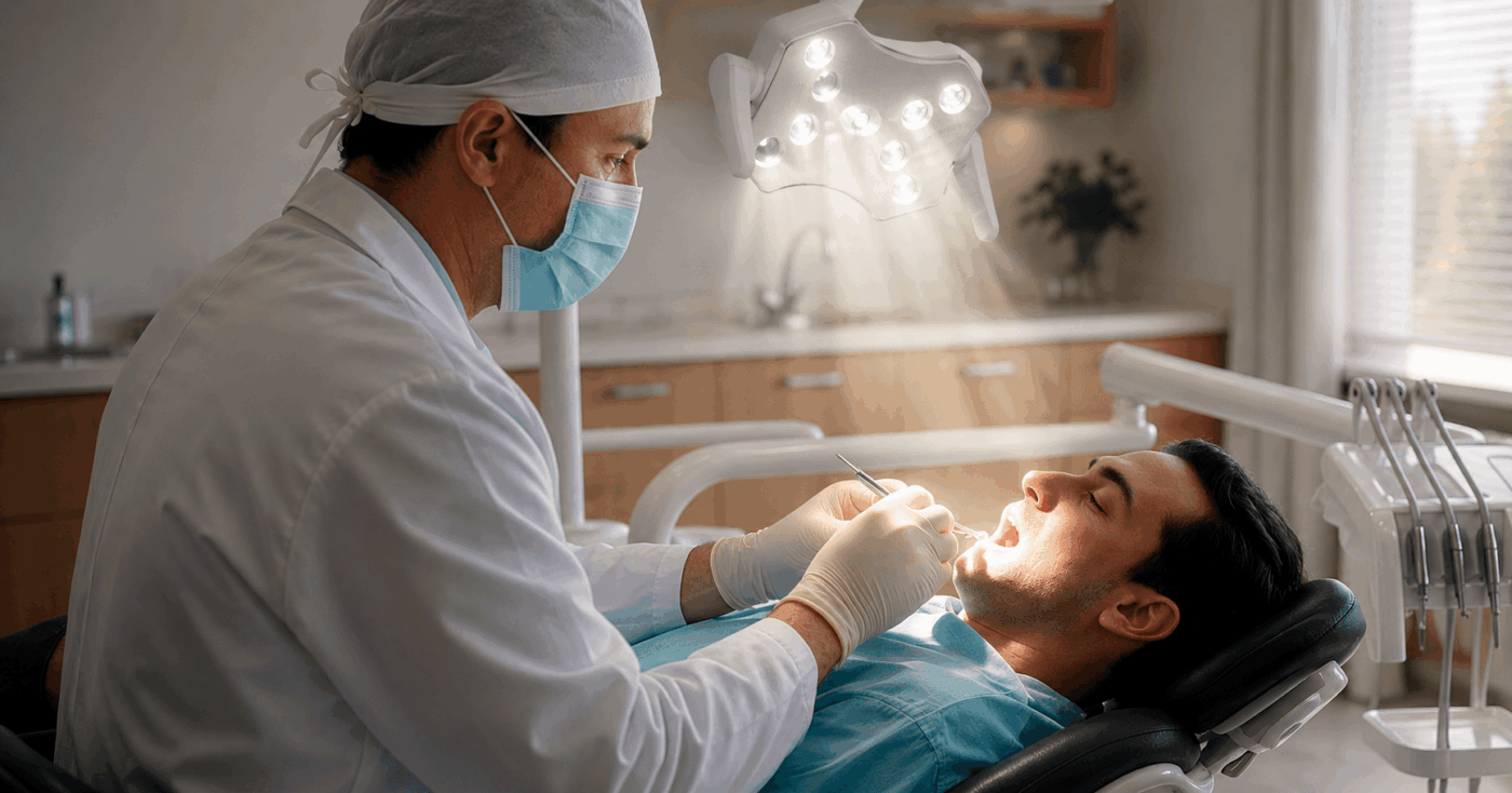 Dentista realiza atendimento com auxílio de foco clínico, destacando a importância da iluminação no consultório odontológico durante os procedimentos.