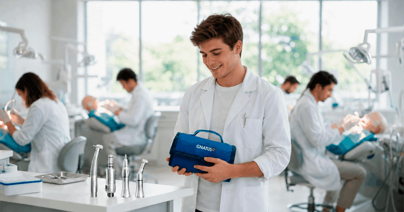 qual kit academico odontologico comprar Estudante de odontologia com kit acadêmico Gnatus durante aula prática na clínica universitária, ilustrando qual kit acadêmico odontológico comprar.