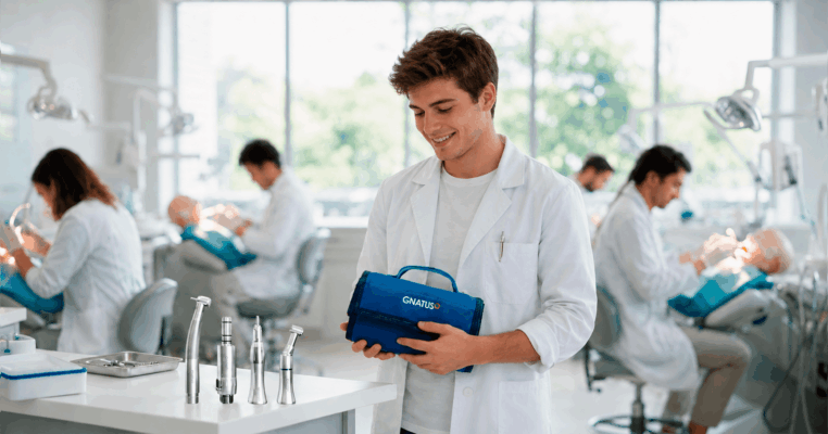 Estudante de odontologia com kit acadêmico Gnatus durante aula prática na clínica universitária, ilustrando qual kit acadêmico odontológico comprar.