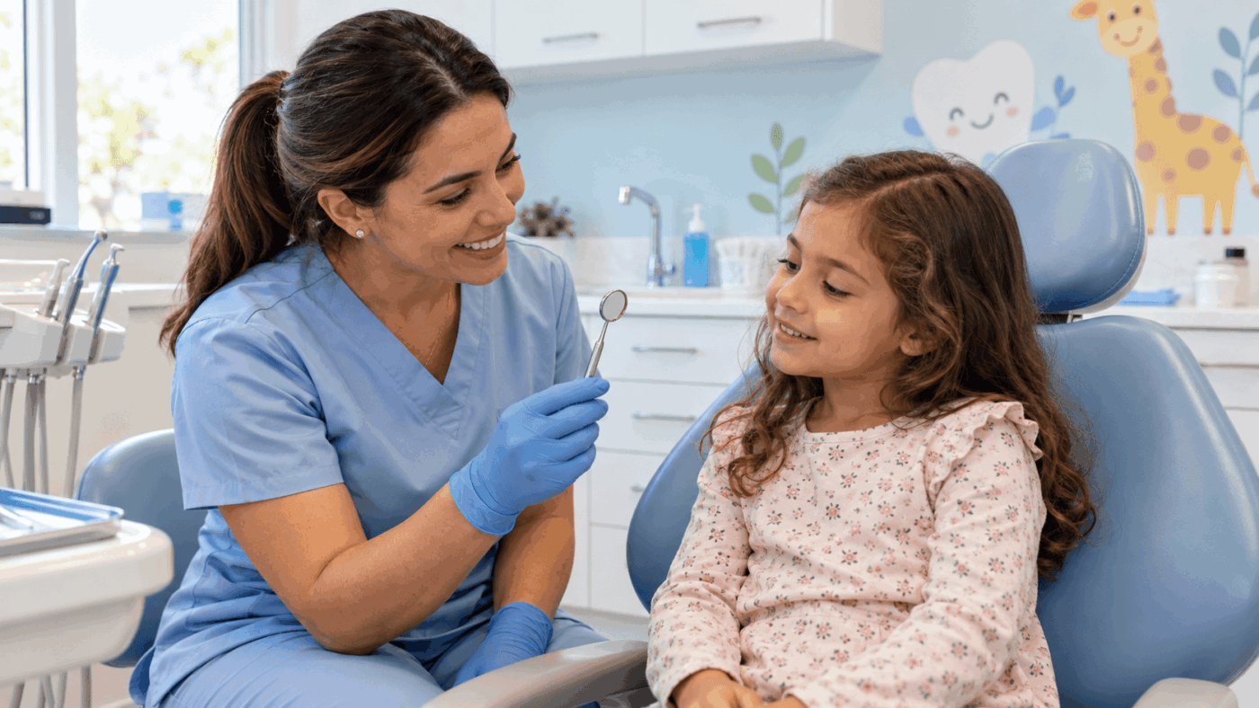 Clínica odontopediátrica com dentista apresentando instrumento odontológico a uma criança durante atendimento infantil acolhedor e tranquilo.