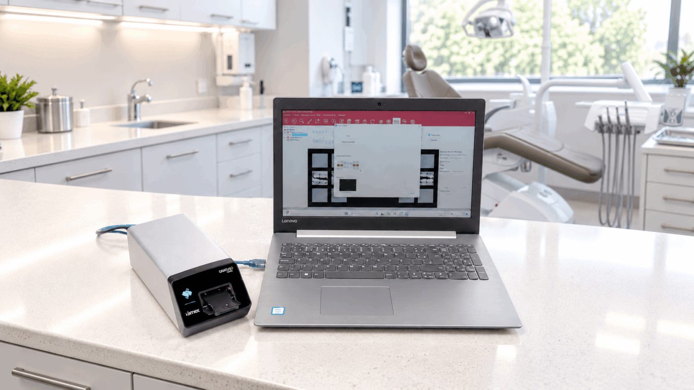 diagnostico odontologico Diagnóstico odontológico digital com equipamento de radiografia e software de imagens em consultório odontológico moderno.