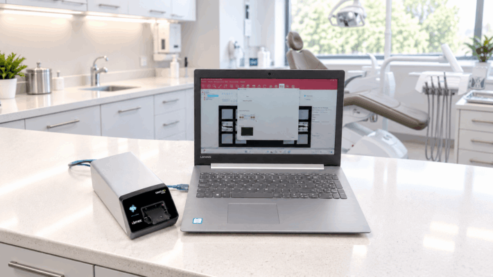 Diagnóstico odontológico digital com equipamento de radiografia e software de imagens em consultório odontológico moderno.